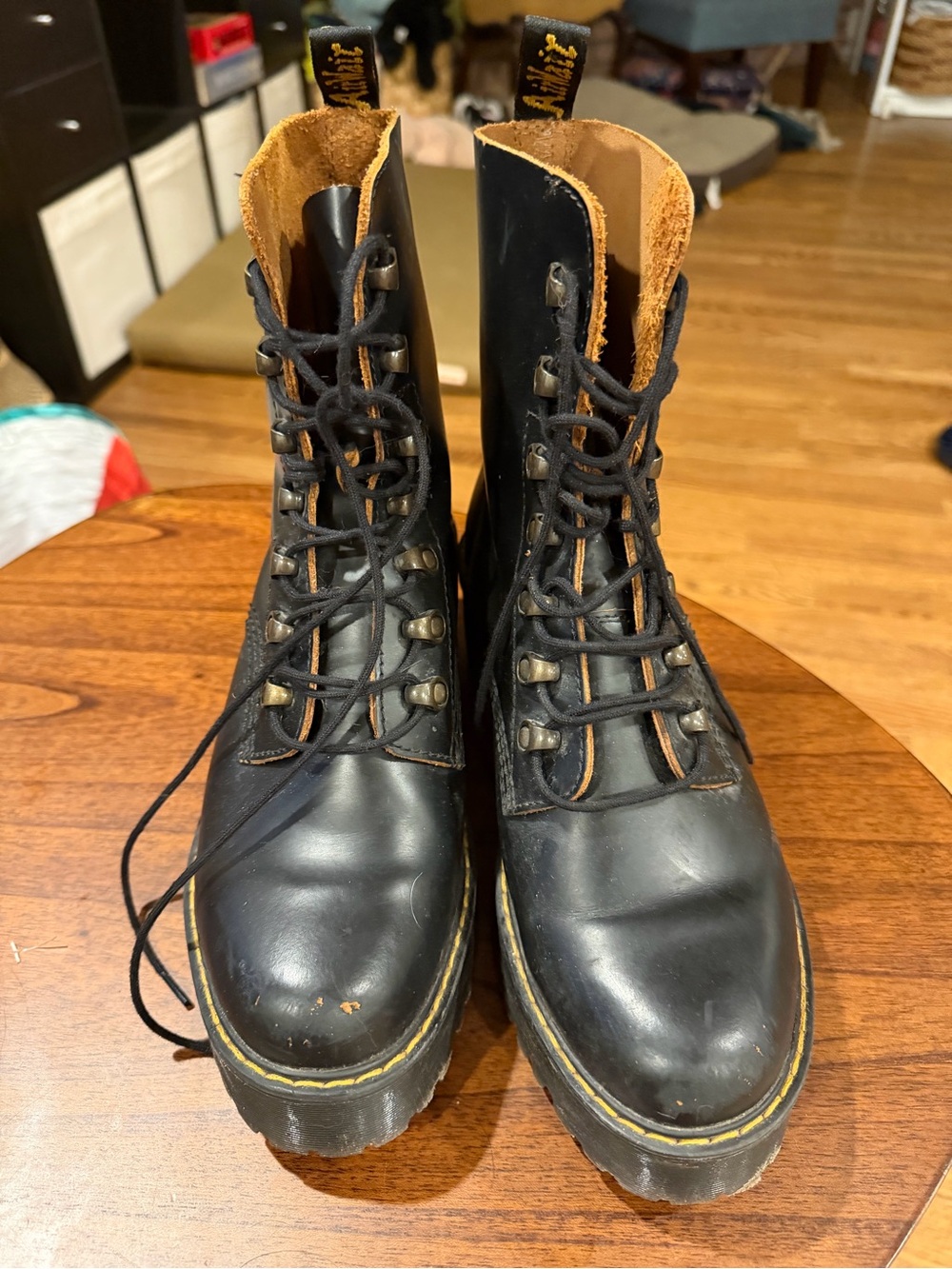 Dr. Martens Black Leather Combat Boots with Yellow Stitching